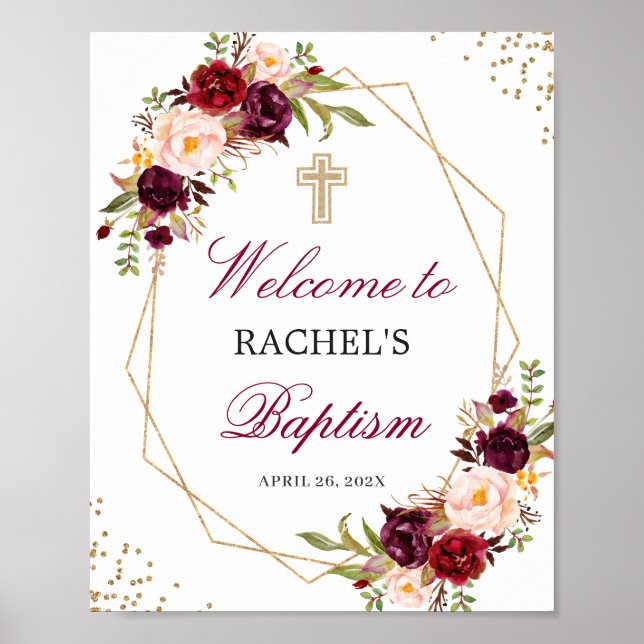 Burgundy Red Floral Geometric Baptism Welcome Sign (Front)