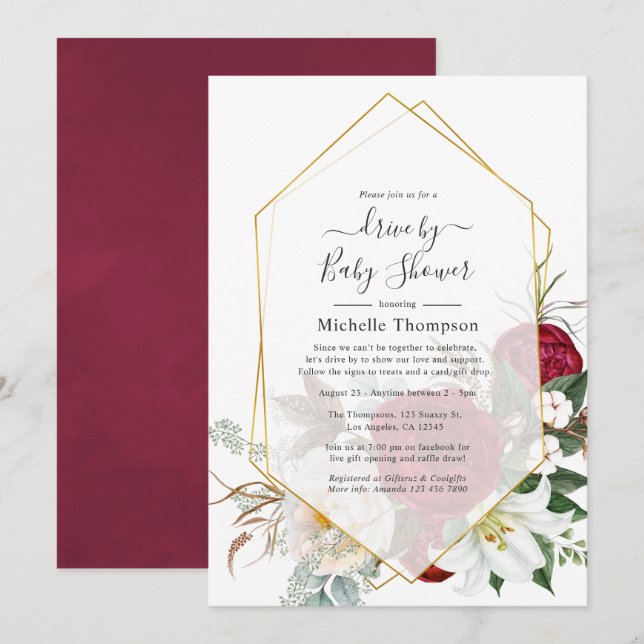 Burgundy Red Floral Geometric Drive By Shower Invitation (Front/Back)