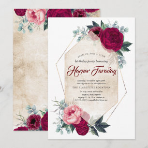 Burgundy Red Floral Geometric Fall Birthday Invitation