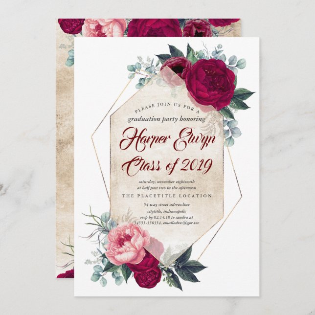 Burgundy Red Floral Geometric Fall Graduation Invitation (Front/Back)