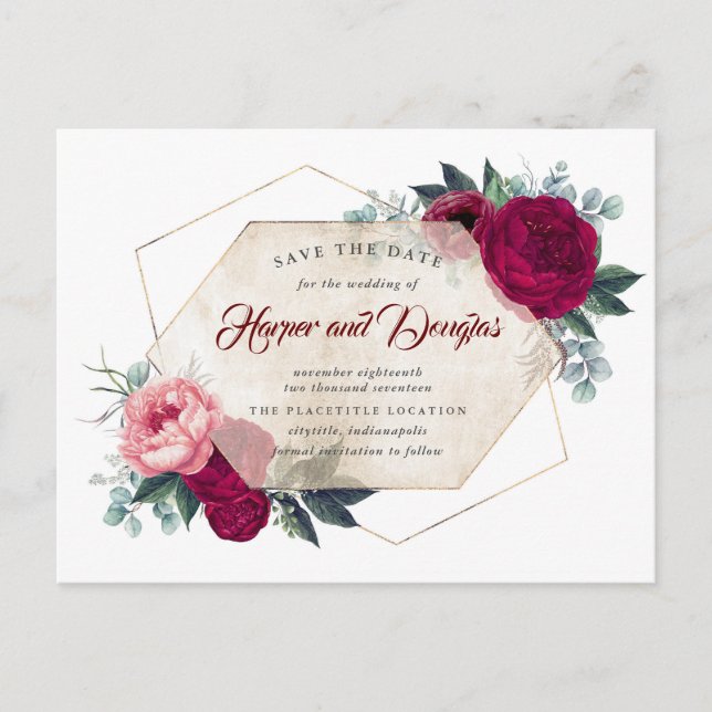 Burgundy Red Floral Geometric Fall Save the Date Announcement Postcard (Front)