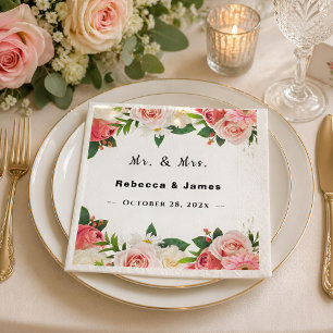 Burgundy Red Floral Geometric Frame Wedding  Napkin