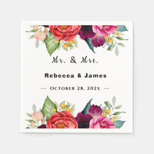 Burgundy Red Floral Geometric Frame Wedding  Napkin