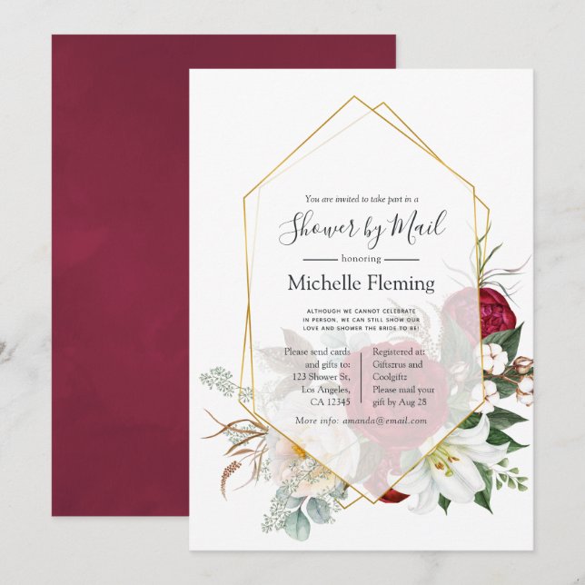 Burgundy Red Floral Geometric Shower by Mail Invitation (Front/Back)