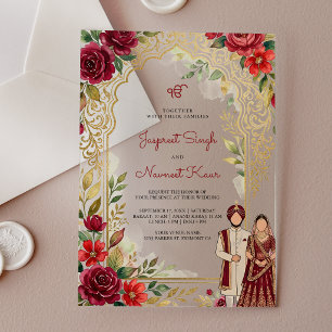Burgundy Red Floral Gold Arch Sikh Wedding Acrylic Invitations