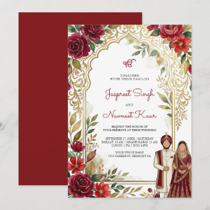 Burgundy Red Floral Gold Arch Sikh Wedding Invitation