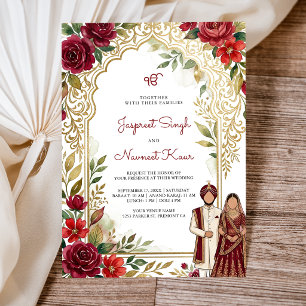 Burgundy Red Floral Gold Arch Sikh Wedding Invitation