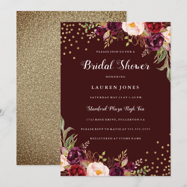 Burgundy Red floral Gold Bridal Shower Invitation (Front/Back)