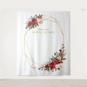 Burgundy Red Floral Gold Bridal Shower Photo Booth Tapestry