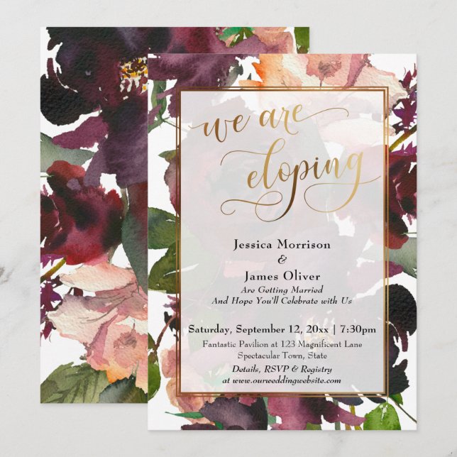 Burgundy Red Floral & Gold Elegant We're Eloping Invitation (Front/Back)