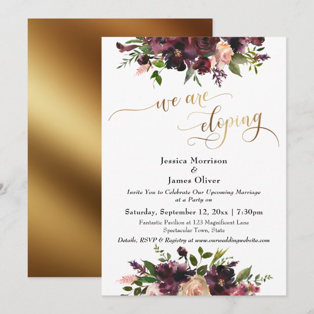 Burgundy Red Floral & Gold Elegant We're Eloping Invitation (Front/Back)