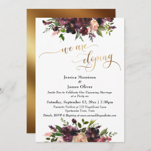 Burgundy Red Floral & Gold Elegant We're Eloping Invitation
