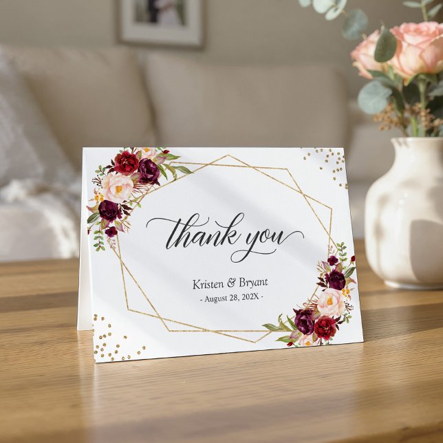Burgundy Red Floral Gold Geometric Frame Thank You Card (Creator Uploaded)