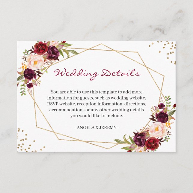 Burgundy Red Floral Gold Geometric Wedding Details Enclosure Card (Front)