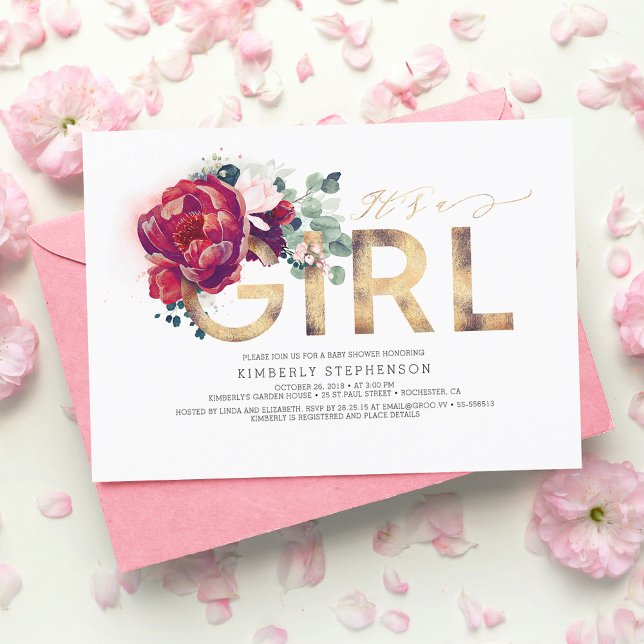 Burgundy Red Floral Gold Glitter Baby Shower Invitation (Creator Uploaded)