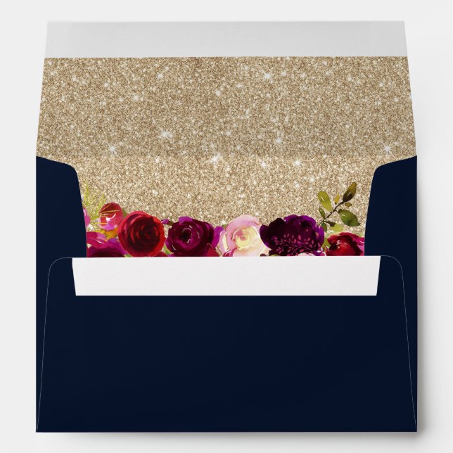 Burgundy Red Floral Gold Glitter Navy Blue Wedding Envelope (Back (Bottom))