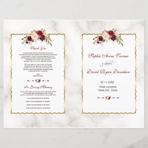 Burgundy Red Floral Gold Marble Wedding Program