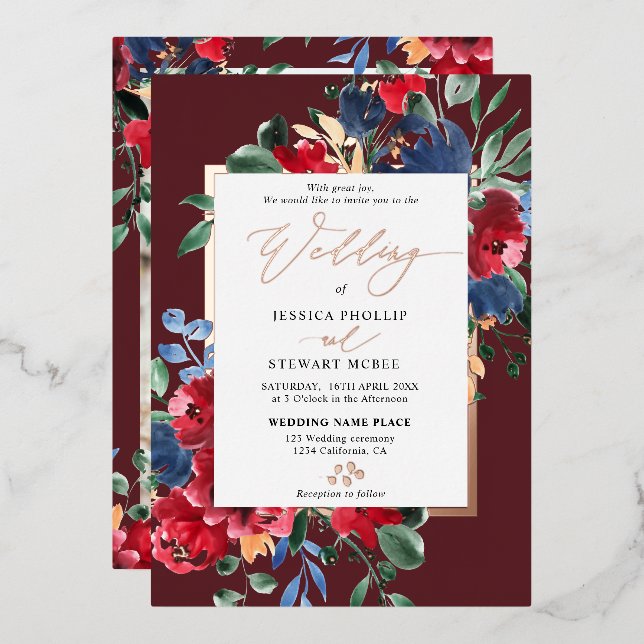 Burgundy red floral gold script photo wedding (Front/Back)