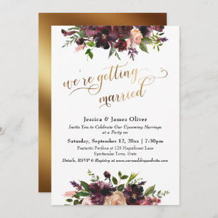 Burgundy Red Floral & Gold We're Getting Married Invitation