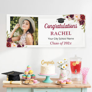 Burgundy Red Floral Grad Photo Graduation Party Banner