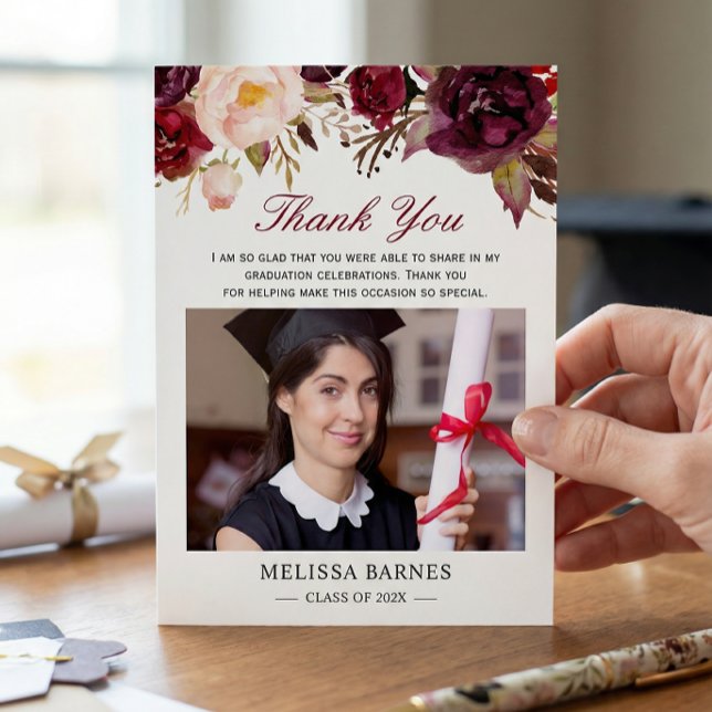 Burgundy Red Floral Graduation Photo Thank You Invitation (Creator Uploaded)