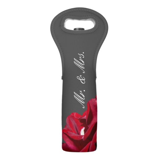 Image of Burgundy Red Floral Grey Mr & Mrs Wine Tote