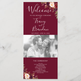 Burgundy Red Floral Hand Lettered Photo Wedding Programme
