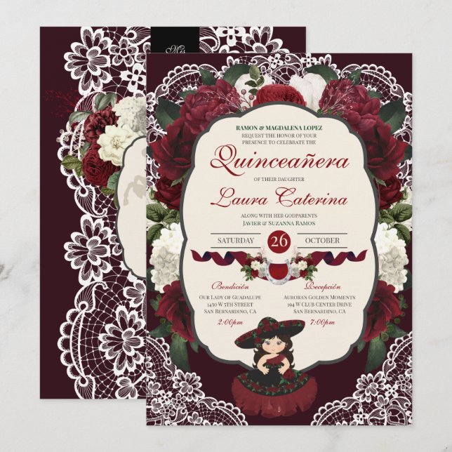 Burgundy Red Floral Lace Charro Quinceanera  Invitation (Front/Back)