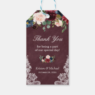 Burgundy Red Floral Lace Wedding Favour Thank You Gift Tags