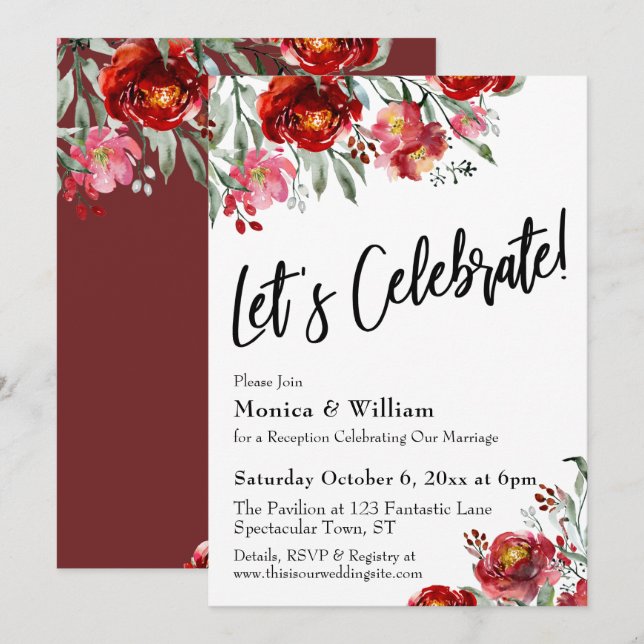 Burgundy Red Floral Let's Celebrate Typography Invitation (Front/Back)