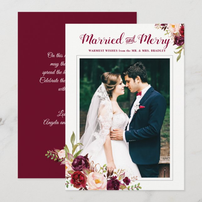Burgundy Red Floral Married Merry Christmas Photo Invitation (Front/Back)