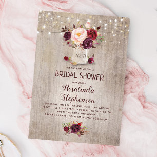 Burgundy Red Floral Mason Jar Rustic Bridal Shower Invitation