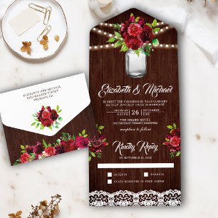 Burgundy Red Floral Mason Jar Rustic Wood Wedding All In One Invitation