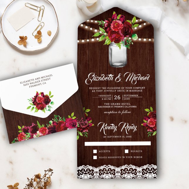 Burgundy Red Floral Mason Jar Rustic Wood Wedding All In One Invitation (Creator Uploaded)