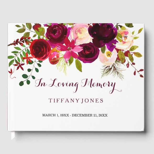Burgundy Red Floral Memorial Service Funeral Wake Guest Book (Front)