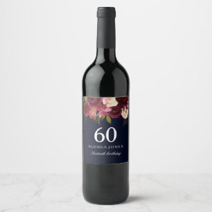 Burgundy Red Floral Navy 60th Birthday Party Wine Label