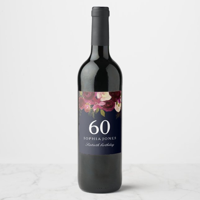Burgundy Red Floral Navy 60th Birthday Party Wine Label (Front)