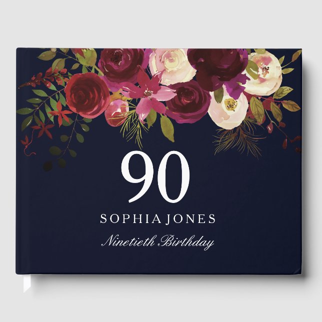 Burgundy Red Floral Navy 90th Birthday Guest Book (Front)
