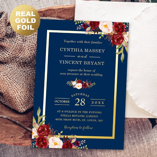 Burgundy Red Floral Navy Blue Gold Frame Wedding (Creator Uploaded)