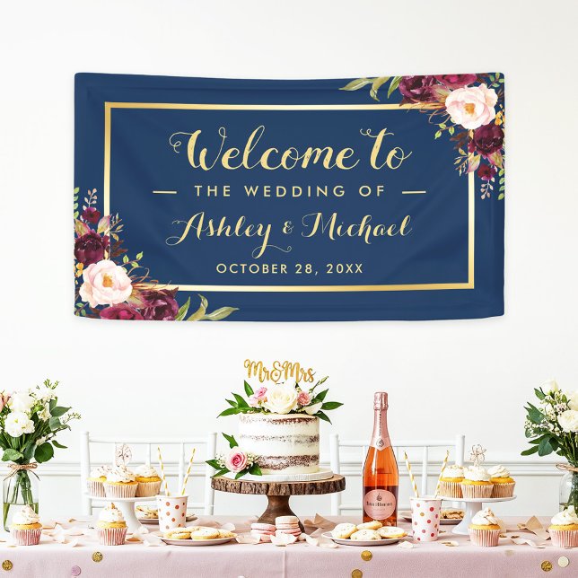 Burgundy Red Floral Navy Blue Gold Wedding Party Banner (Creator Uploaded)