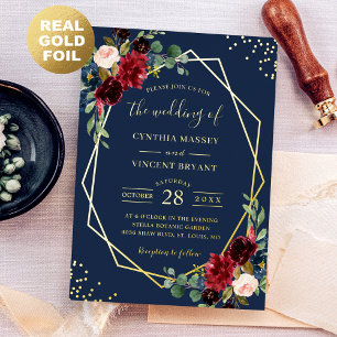 Burgundy Red Floral Navy Blue Premium Gold Wedding