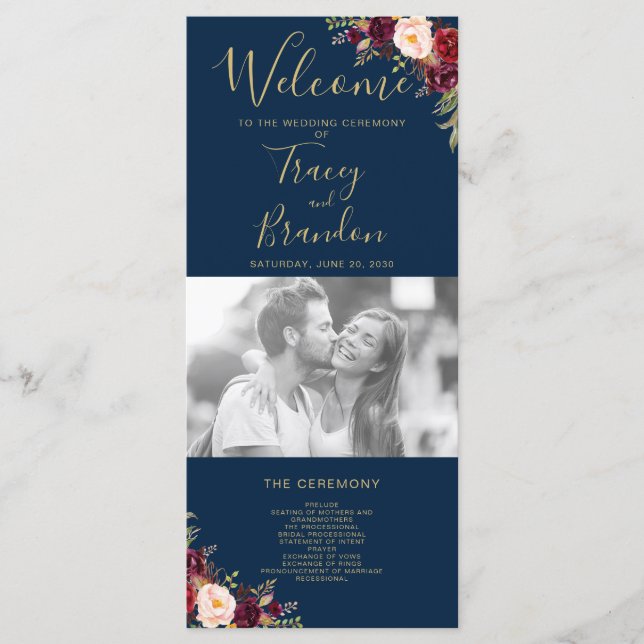 Burgundy Red Floral Navy Blue Script Photo Wedding Programme (Front)