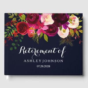 Burgundy Red Floral Navy Boho Retirement Party Guest Book