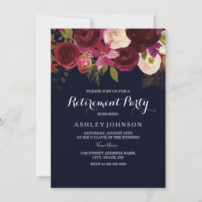 Burgundy Red Floral Navy Retirement Party Invite (Front)