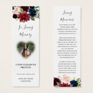 Burgundy Red Floral Photo Funeral Poem Bookmark