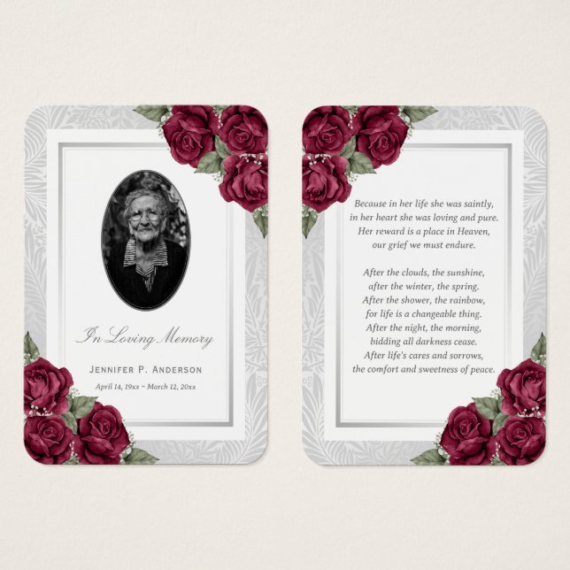 Burgundy Red Floral Photo Funeral Prayer Card (Front & Back)