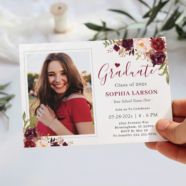 Burgundy Red Floral Photo Graduation Celebration Invitation (Creator Uploaded)