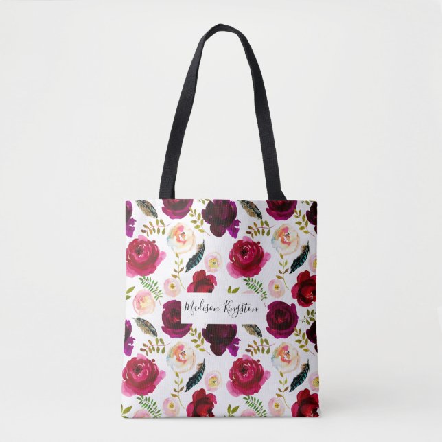 Burgundy Red Floral Pink Boho Womans Tote Bag (Front)