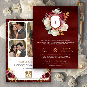 Burgundy Red Floral QR Code Photo Crest Wedding Invitation