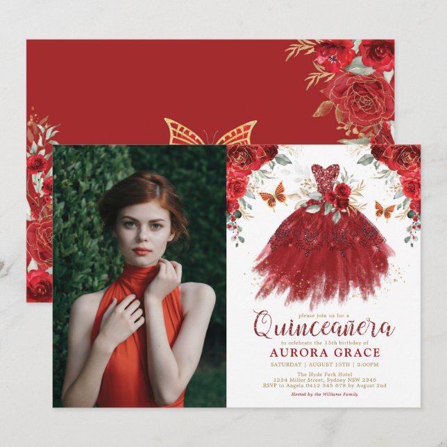 Burgundy Red Floral Quinceañera Princess Photo Invitation (Front/Back)